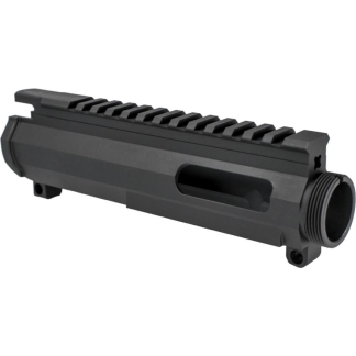 Black firearm handguard/upper rail with a full-length Picatinny rail on top and a threaded circular muzzle adapter at the right.