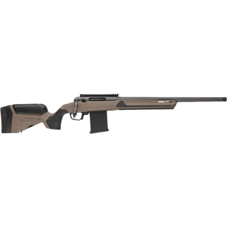 Tan and black precision rifle shown in profile with a long barrel on a white background, featuring a tan stock and black grip/magazine.