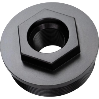 Black circular threaded nut with a square mounting boss around a central threaded bore.