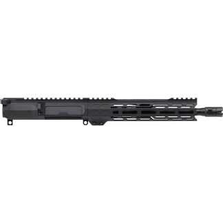 Black, modular rifle upper with long free-floating M-LOK handguard and muzzle device