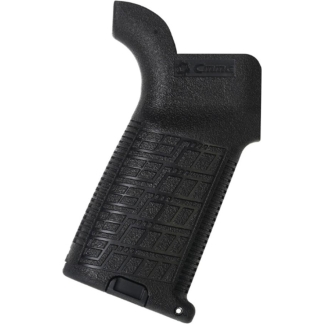Black textured pistol grip for a firearm, featuring a curved top and mounting hole at the base edge.