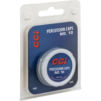 CAD/CCI Percussion Caps No. 10 in plastic blister packaging with round cap container on a blue card label.