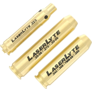 Three brass LaserLyte laser training cartridges with caliber markings visible, arranged diagonally.