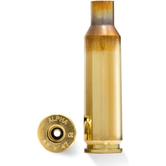Gold-colored brass rifle cartridge standing upright with its base shell separated and a round base shown beside it on a white background