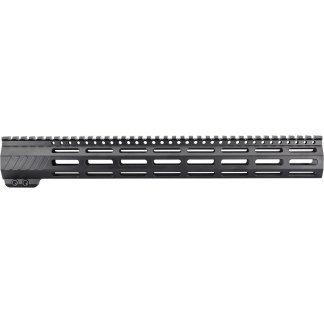 Long aluminum rifle handguard with many ventilation slots and a top Picatinny rail.