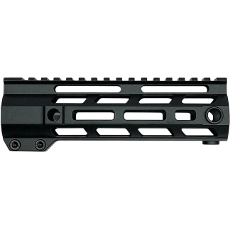 Black M-LOK rifle handguard rail with multiple mounting slots and screws visible on the bottom edge.