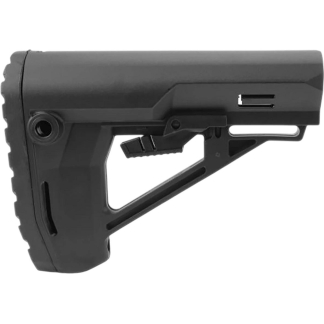 Black adjustable rifle buttstock with integrated cheek rest and mounting brace