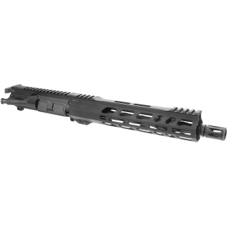 Profile view of a firearm upper receiver with a long free-floating rail handguard and muzzle device, showing top and side Picatinny rails.
