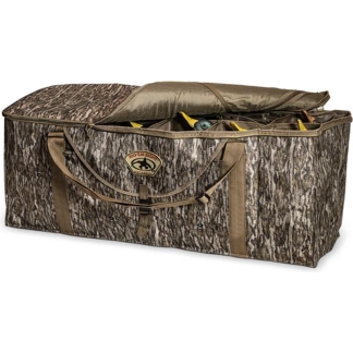 Camouflage hunting gear bag with multiple interior compartments and brown straps, open to show dividers.