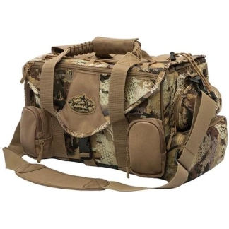Camouflage hunting duffel bag with multiple zippered pockets and a padded shoulder strap, designed for outdoor gear.