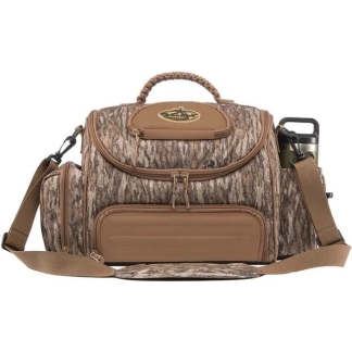 Camouflage-print duffel bag with brown accents, handles, and a detachable shoulder strap.