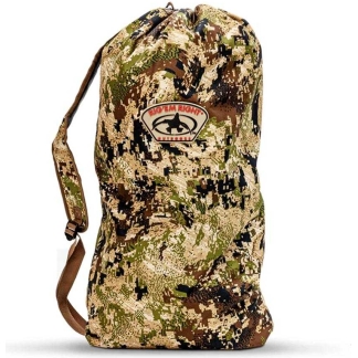Camouflage-pattern backpack with brown straps and a front logo patch.