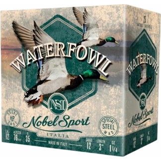 Box of Waterfowl Noble Sport shotgun shells featuring two ducks in flight, teal emblem, and 'Made in Italy' label.