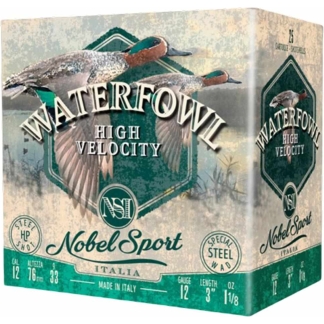 Box of Nobel Sport Waterfowl High Velocity shotgun shells, bold green label with ducks, gauge 12, length 3", 1 1/8 oz, made in Italy.