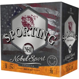 Box of NobelSport Sporting high-velocity 20-gauge shotgun shells, Made in Italy.