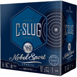Blue Noble Sport C-Slug 12 gauge shotgun slug ammunition box, made in Italy, with length 2 3/4 inches and 1 oz slug specifications visible on the packaging.