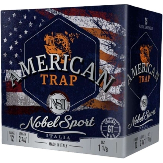Box of NobelSport American Trap shotgun shells with American flag design, blue and orange labeling (12 gauge, 2 3/4" length).