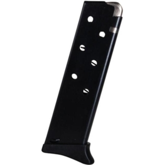 Black pistol magazine tilted diagonally with round-count holes visible on its side and a curved baseplate