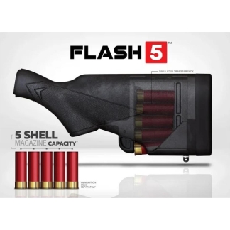 Transparent-side view of a shotgun stock labeled 'FLASH 5' with five red shells shown below, illustrating a 5-shell magazine capacity.