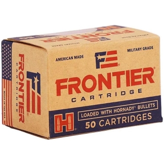 Brown cardboard box labeled Frontier Cartridges, 50 cartridges, American-made ammunition with hornady bullets logo on the front.