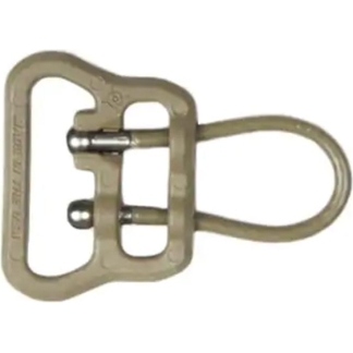 Close-up of a metal belt buckle with two prongs and a loop on the right.
