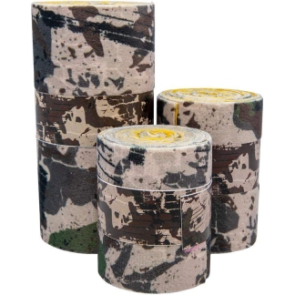Camouflage-pattern duct tape rolls stacked in varying widths on a white background.