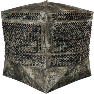 Camouflage hunting blind: a cube-shaped, camo-pattern shelter with mesh panels and zippered openings on the sides.