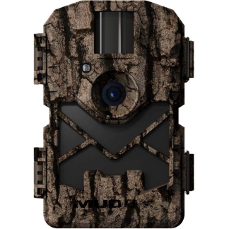 Trail camera with forest camouflage pattern, front view showing lens and infrared sensor array