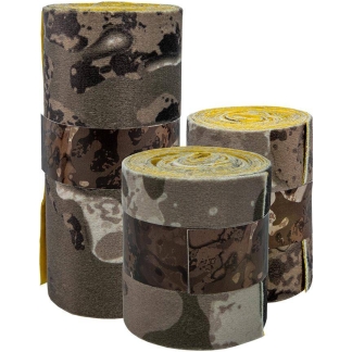 Three rolls of camouflage-patterned duct tape stacked together, with yellow cores? inside.