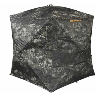 Camouflage hunting ground blind with zippered door and mesh window panels; Muddy logo on the side.