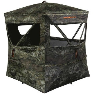 Camouflage hunting blind with mesh windows and zipper openings for deer hunting.