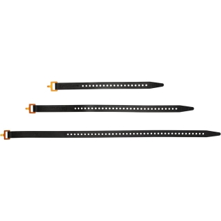 Three black silicone watch bands with orange buckles and perforated holes, in small, medium, and large sizes.