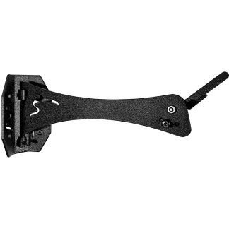 Black wall-mountable adjustable arm bracket with a flat rectangular mounting plate on the left and a curved extending arm ending in a small handle, used to hold a monitor or TV.