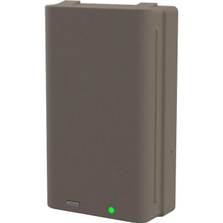 Brown external hard drive with a green status LED at the bottom and a vertical groove on the side.