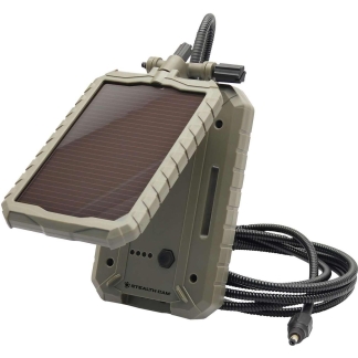 Rugged olive-green solar-powered trail camera with a large front solar panel and a coiled cable attachment edge.
