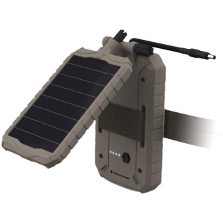 Portable solar charger with a fold-out solar panel attached to a rugged battery pack and USB cable