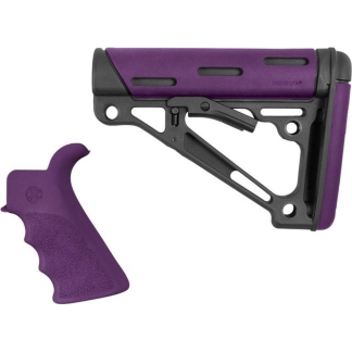 Purple adjustable rifle stock with an ergonomic matching grip attachment