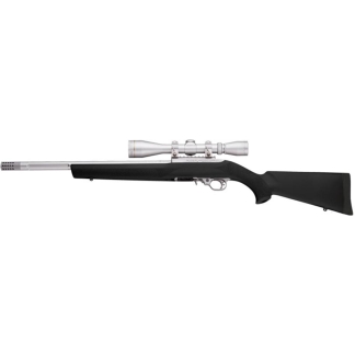 Bolt-action rifle with a black stock and a mounted silver scope on a white background, facing left.