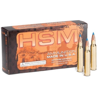 HSM ammunition box labeled 'Ammunition Made in U.S.A.' with three brass bullets standing upright beside it