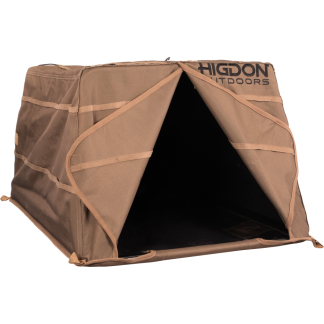 Brown hunting blind shelter with open triangular front and black interior, labeled Higdon Outdoors on top edge