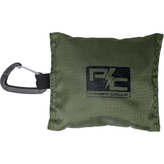 Olive-green compact pouch with a black carabiner clip for attaching to gear or a bag.