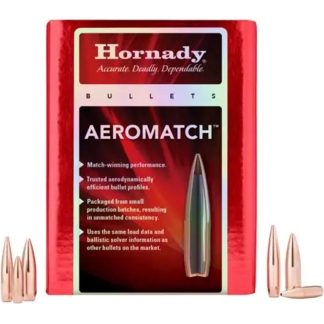 Packaging for Hornady Aeromatch bullets with copper projectiles shown on both sides against a white background