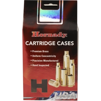 Box labeled 'Hornady Cartridge Cases' showing brass cartridge casings and patriotic design with 'Made in the U.S.A.' seal