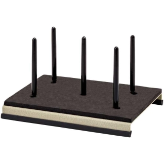 Five black vertical pegs mounted on a dark rectangular base—a small display rack.