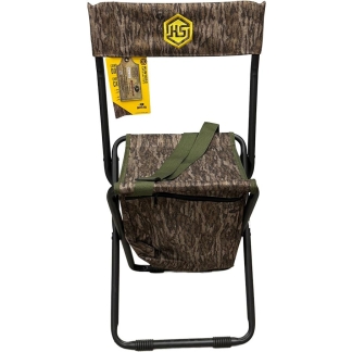Camouflage folding hunting chair with attached storage bag and olive strap