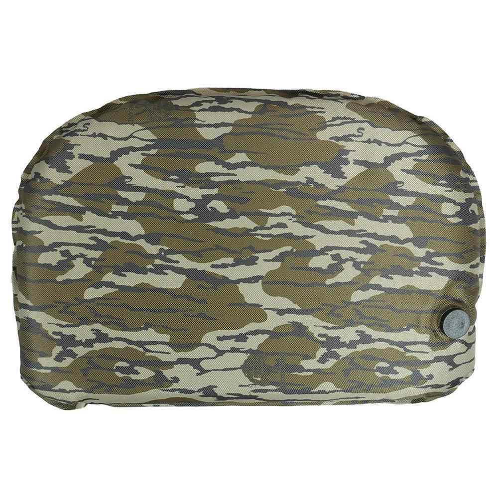 Camouflage-patterned fabric pouch with a round snap button on the side, a small zippered storage bag or case.
