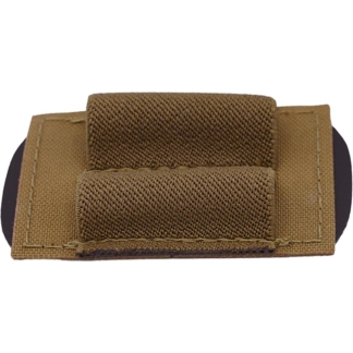 Tan tactical pouch/holster with Velcro strap, horizontal orientation on a white background (informative: storage accessory)