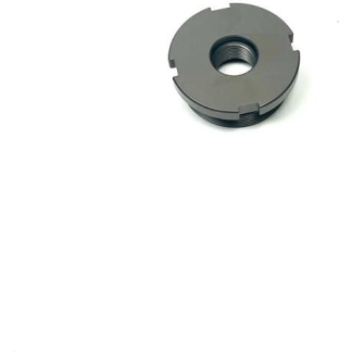 Gray circular metal ring with inner threads and external notches, a small locking/coupling mechanical part used in assemblies.