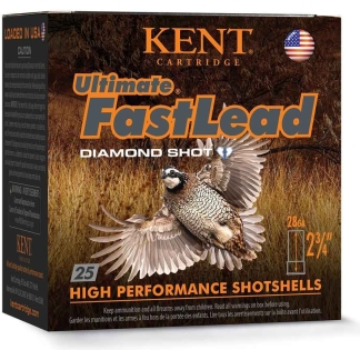 Box of Kent Ultimate Fast Lead Diamond Shot shotgun shells, 25 rounds, with a flying bird on the front.