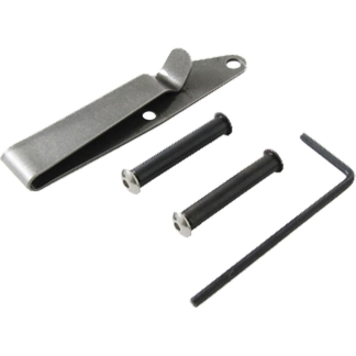 Hardware tool kit contents: a flat metal bracket with a curved edge, two black cylindrical spacers, a long black Allen key, and two small metal caps or bolts for assembly